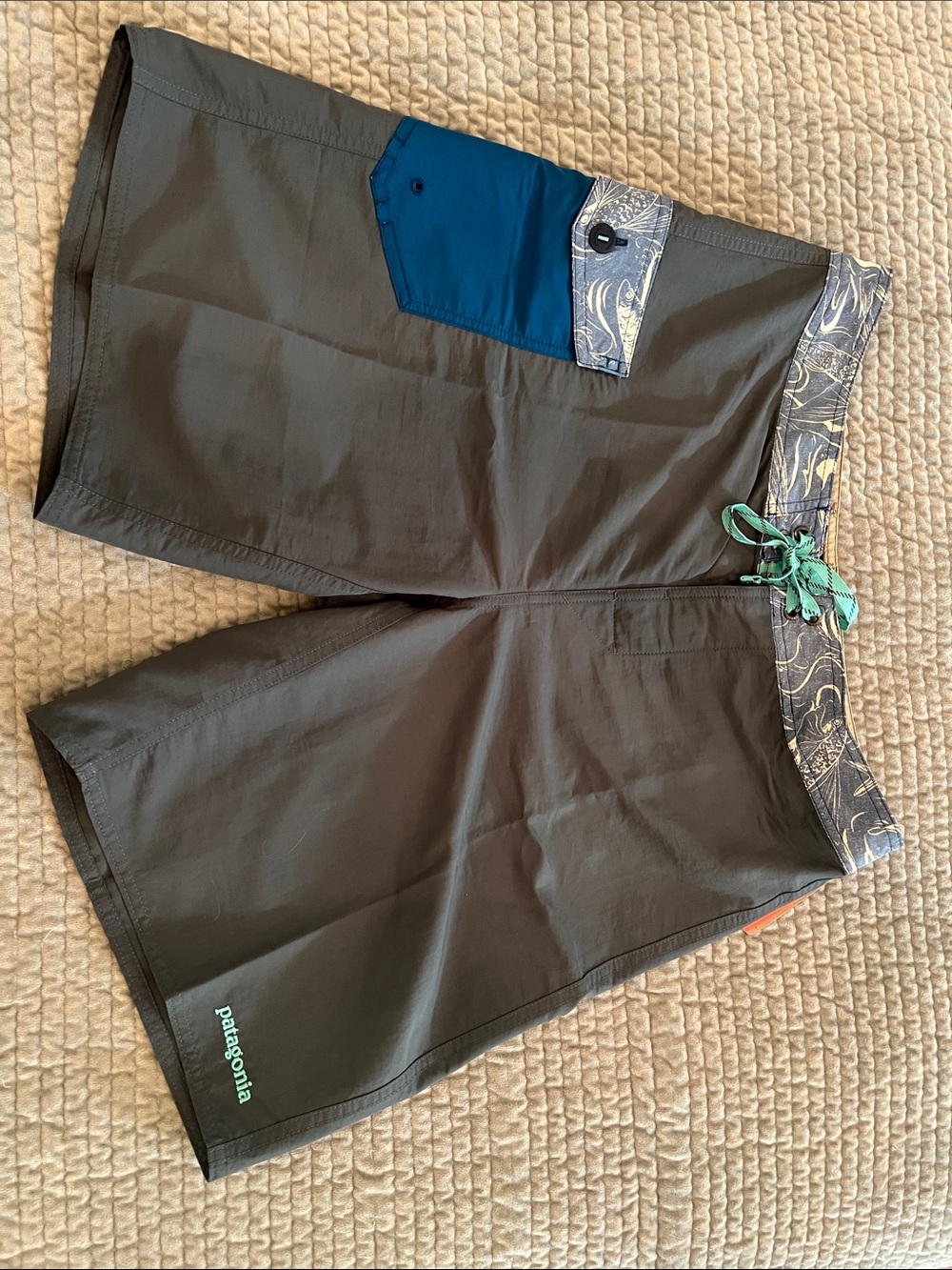 Patagonia Men’s Gray Board Shorts with Teal Pocket and Patterned Waistband